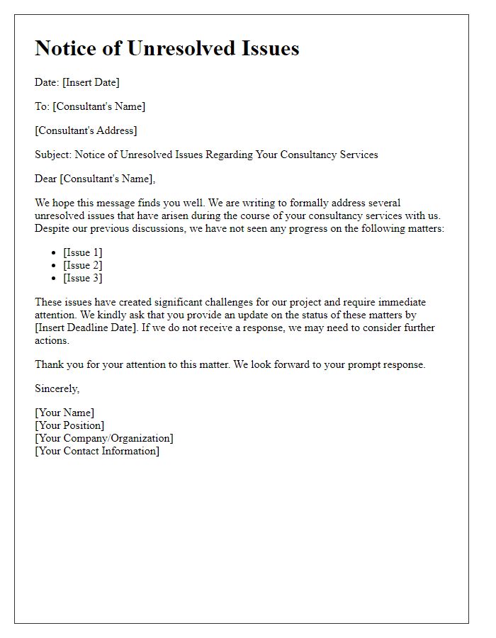 Letter template of notice for unresolved issues in consultancy