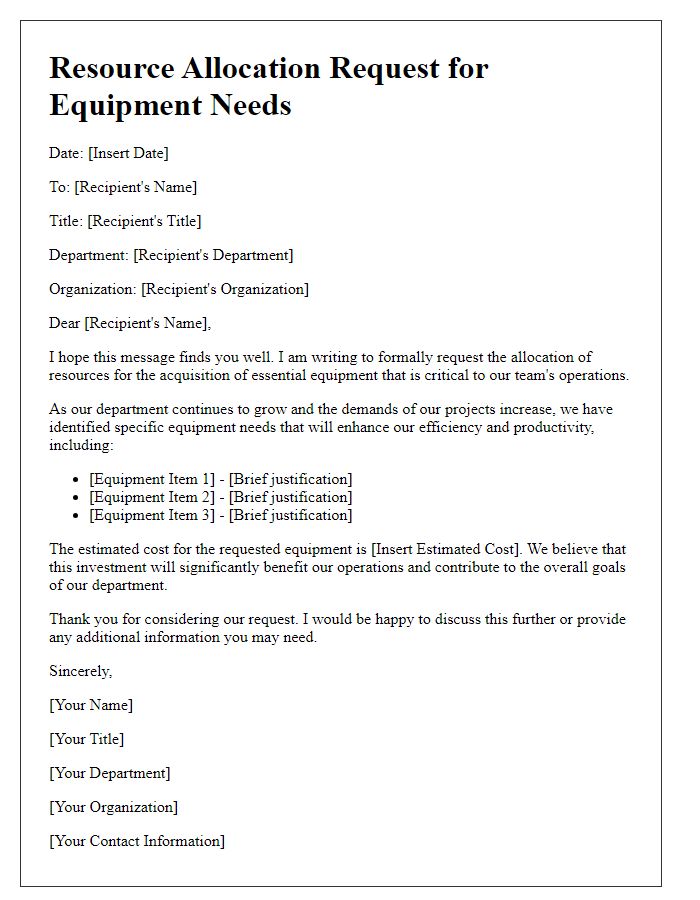 Letter template of resource allocation request for equipment needs