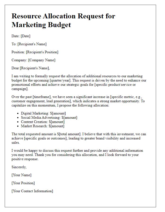 Letter template of resource allocation request for marketing budget