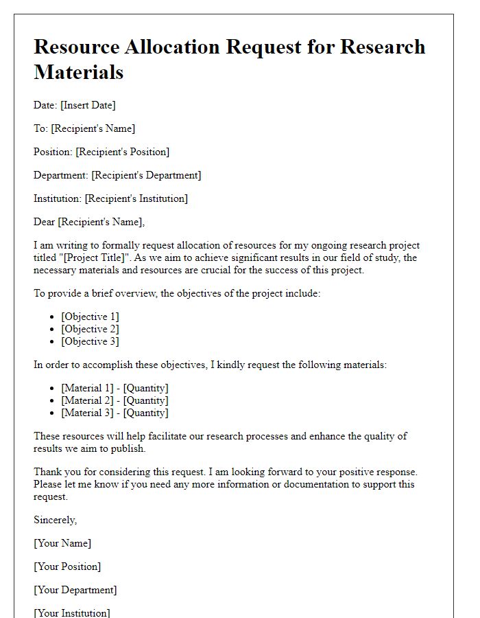 Letter template of resource allocation request for research materials