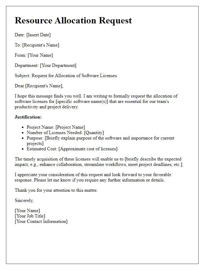 Letter template of resource allocation request for software licenses