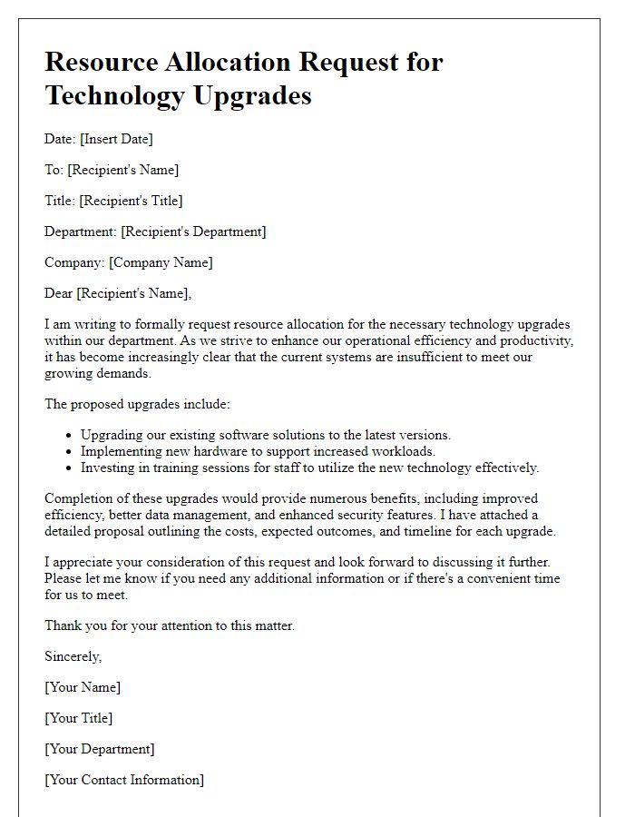 Letter template of resource allocation request for technology upgrades