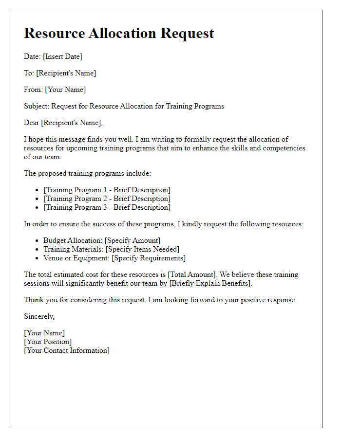 Letter template of resource allocation request for training programs