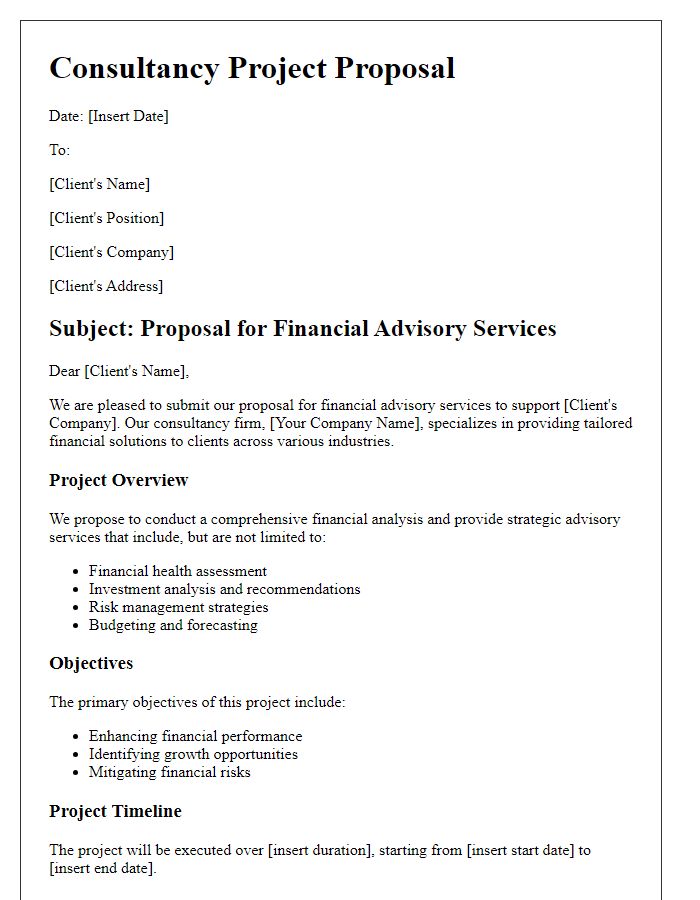 Letter template of consultancy project proposal for financial advisory.