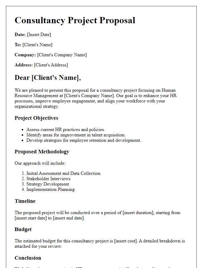 Letter template of consultancy project proposal for human resources management.