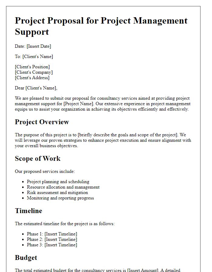 Letter template of consultancy project proposal for project management support.