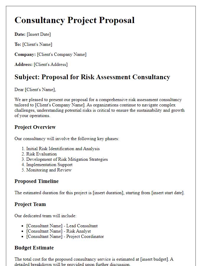 Letter template of consultancy project proposal for risk assessment.