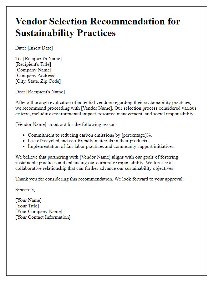 Letter template of vendor selection recommendation for sustainability practices.