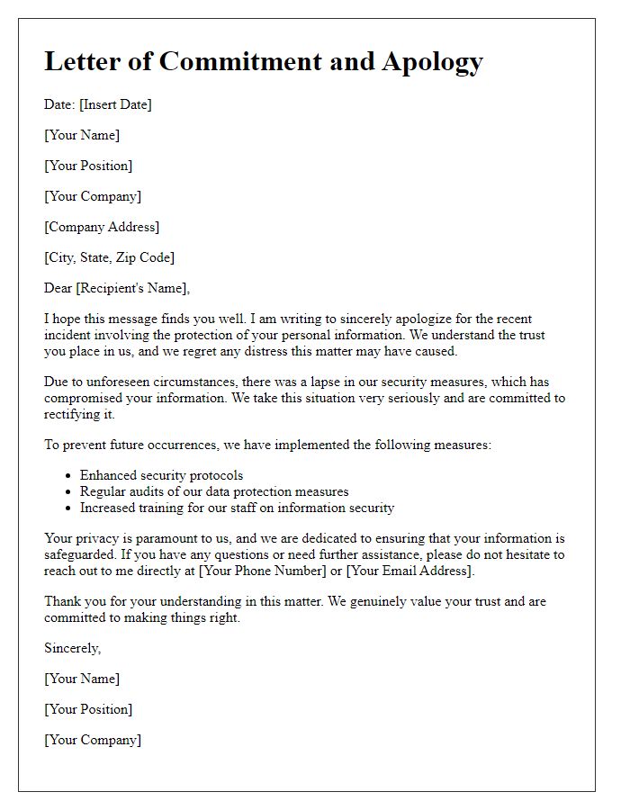 Letter template of commitment and apology for failing to protect your information.