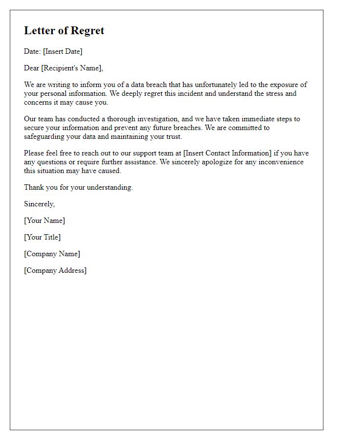 Letter template of regret for the exposure of personal information due to a breach.