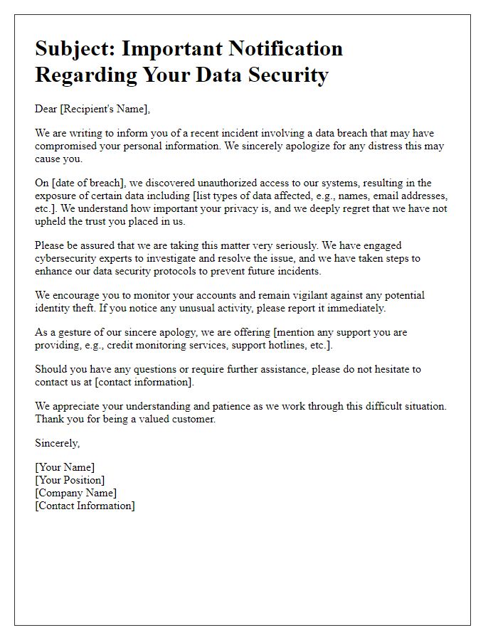 Letter template of sincere apology for a data breach notification.