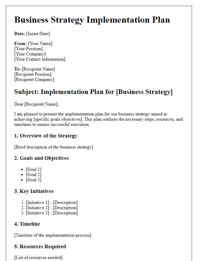 Letter template of business strategy implementation plan