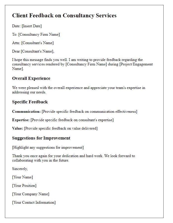 Letter template of client feedback for consultancy services