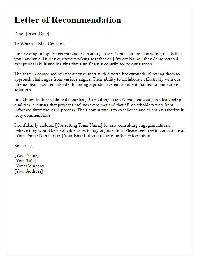 Letter template of recommendations for consulting team