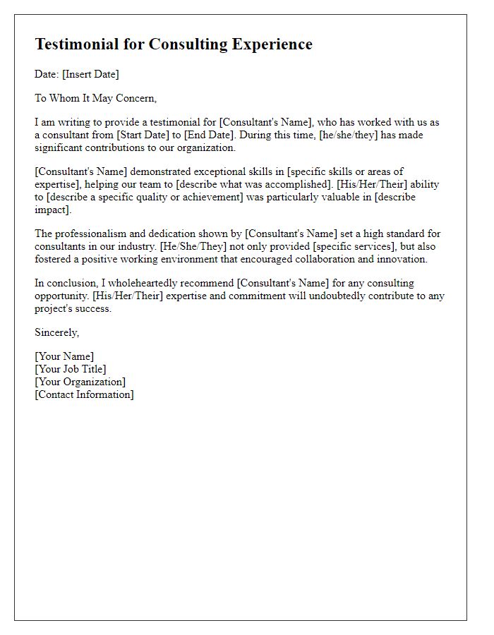 Letter template of testimonial for consulting experience