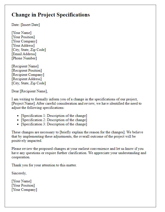 Letter template of Change in Project Specifications