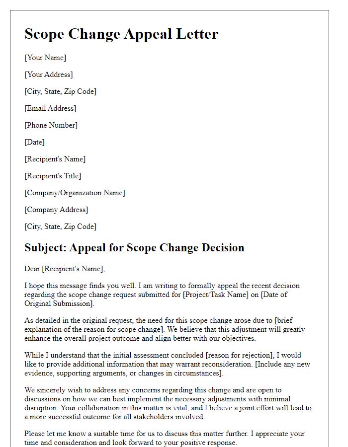 Letter template of Scope Change Appeal