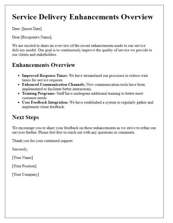 Letter template of service delivery enhancements overview