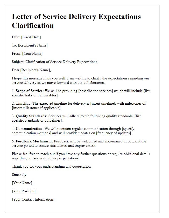 Letter template of service delivery expectations clarification