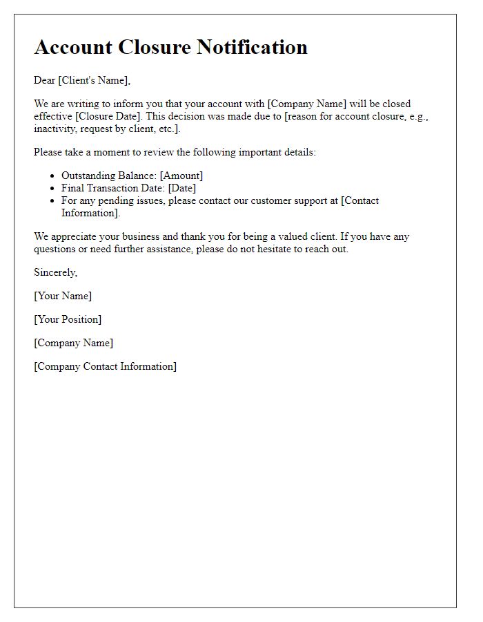 Letter template of account closure notification to client