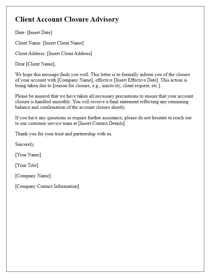 Letter template of client account closure advisory