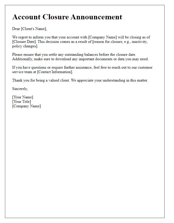 Letter template of closing client account announcement