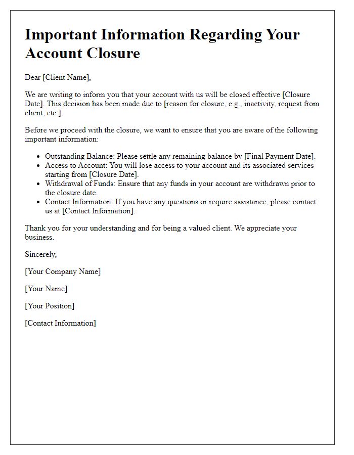 Letter template of closing client account  important information