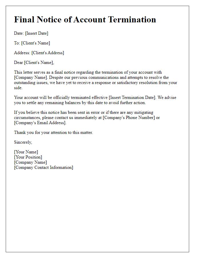 Letter template of final notice for client account termination