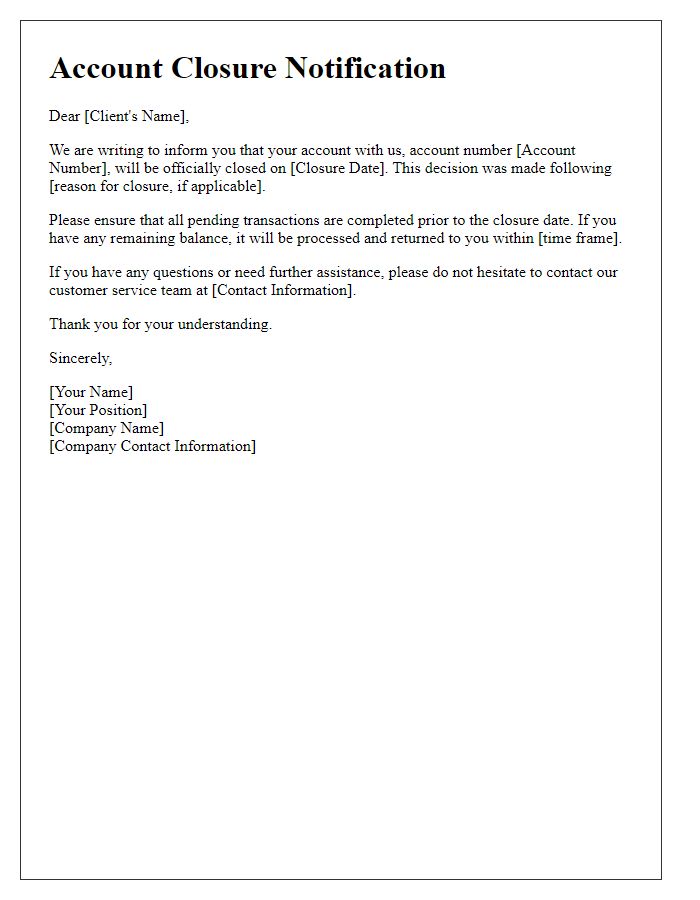 Letter template of informing client about account closure