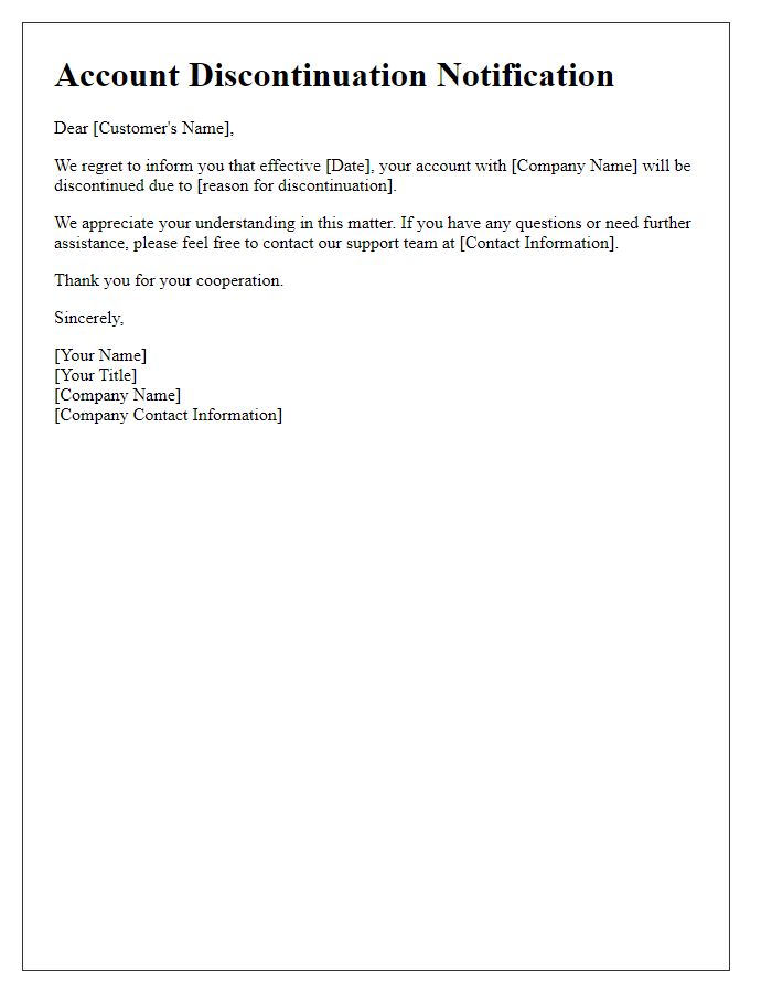 Letter template of notification for account discontinuation