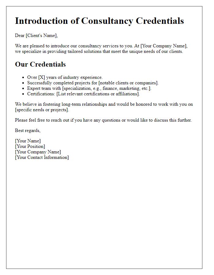 Letter template of consultancy credentials introduction for new clients.