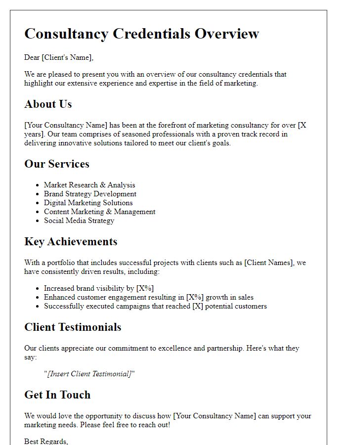 Letter template of consultancy credentials overview for marketing materials.