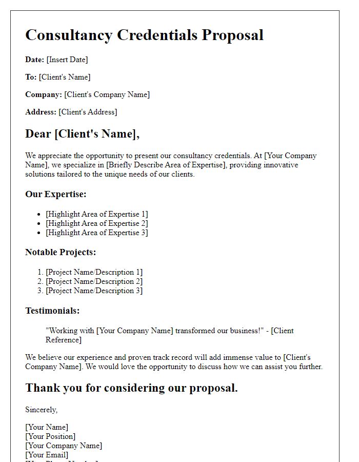 Letter template of consultancy credentials proposal for businesses.