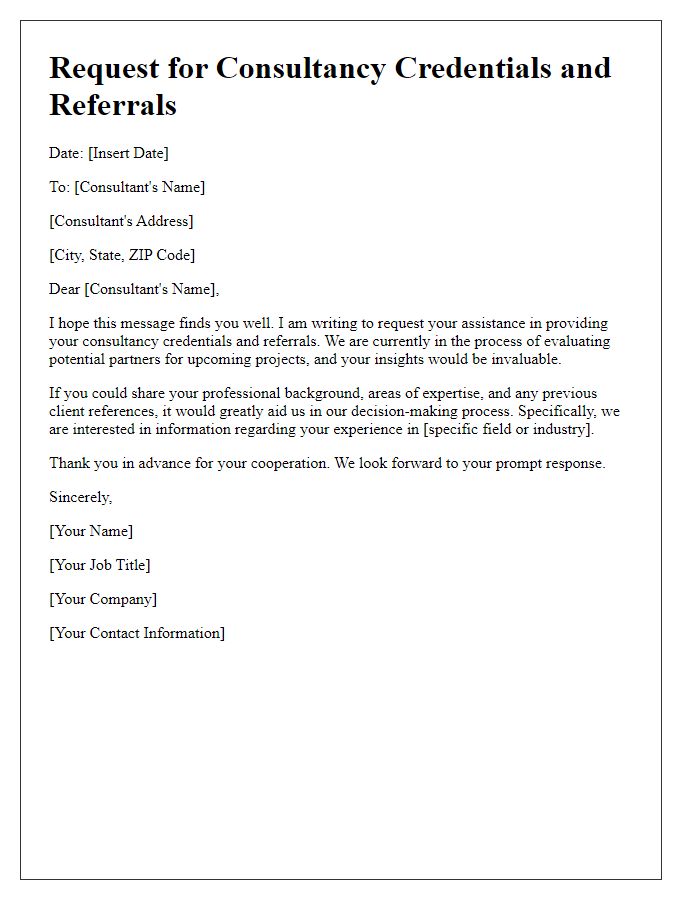 Letter template of consultancy credentials request for referrals.