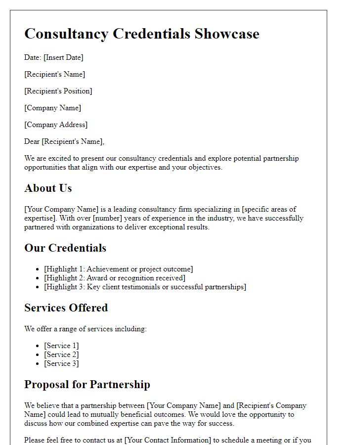 Letter template of consultancy credentials showcase for potential partnerships.