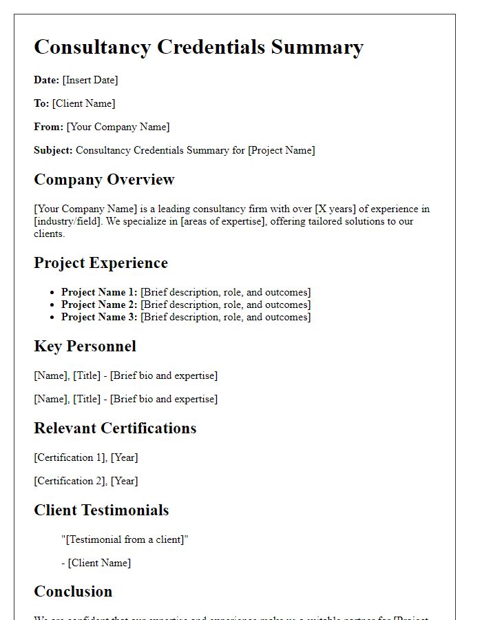 Letter template of consultancy credentials summary for project bids.