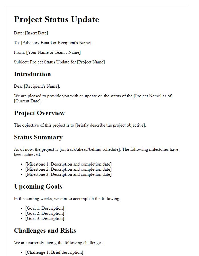 Letter template of advisory project status update