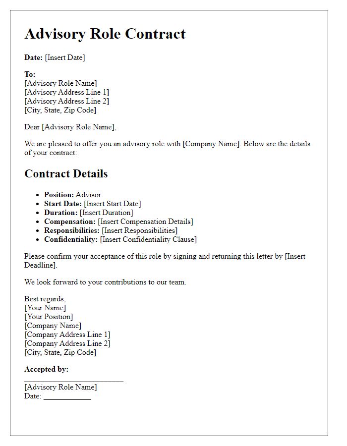 Letter template of advisory role contract details