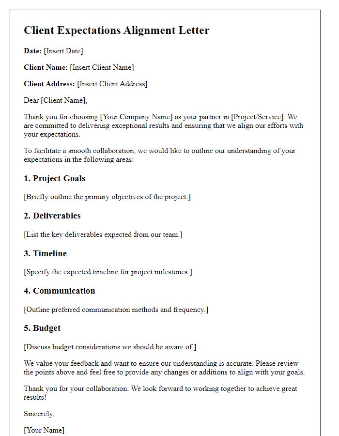 Letter template of Client Expectations Alignment