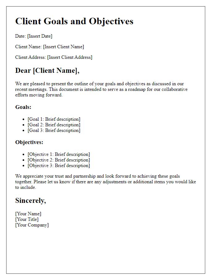 Letter template of Client Goals and Objectives