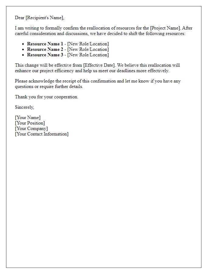 Letter template of confirmation for project resource reallocation