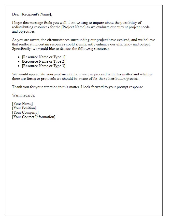 Letter template of inquiry regarding project resource redistribution