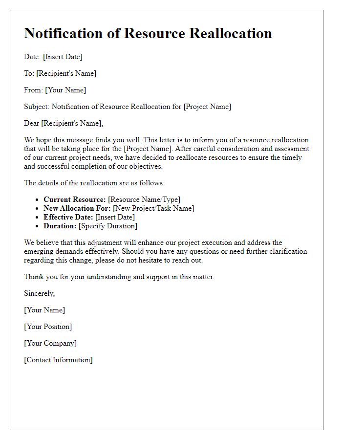 Letter template of notification for resource reallocation in projects