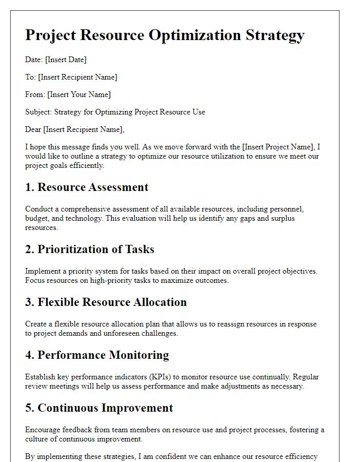 Letter template of strategy for optimizing project resource use