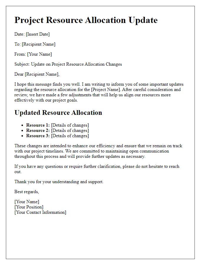 Letter template of update on project resource allocation changes