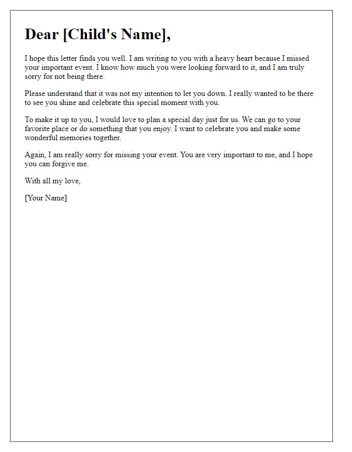 Letter template of an apology to a child for missing their important event