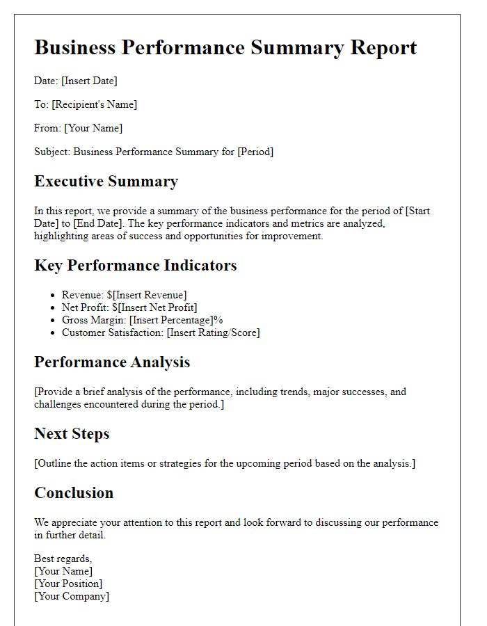 Letter template of business performance summary report