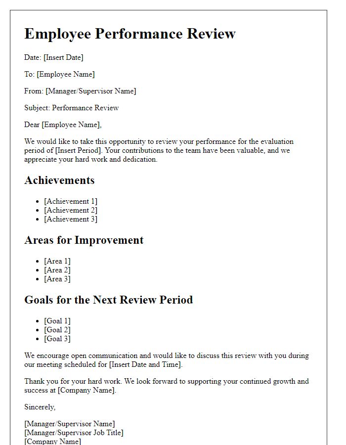 Letter template of employee performance review for business