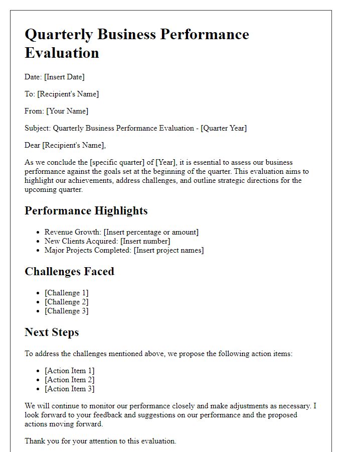 Letter template of quarterly business performance evaluation