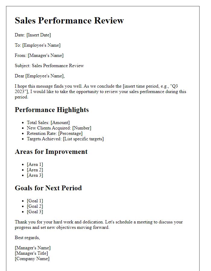 Letter template of sales performance review for business